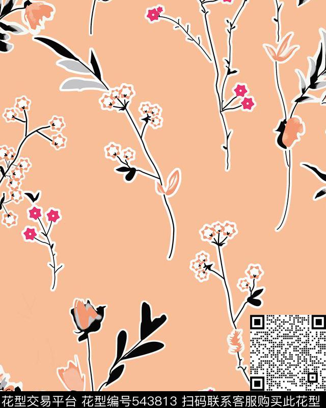 花卉手绘树叶传统印花华亿平台下载（图片编号: 543813） - 瓦栏（Walan）