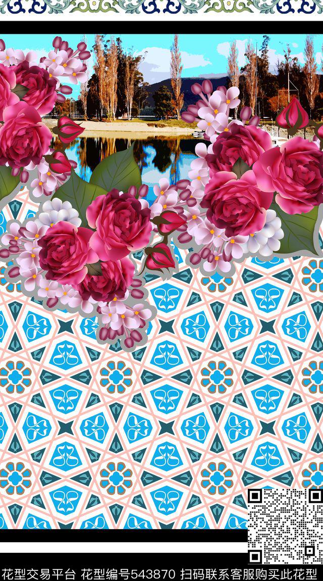花卉组合定位民族、花卉、上重下轻大气裁片定位数码印花华亿平台下载（图片编号: 543870） - 瓦栏（Walan）