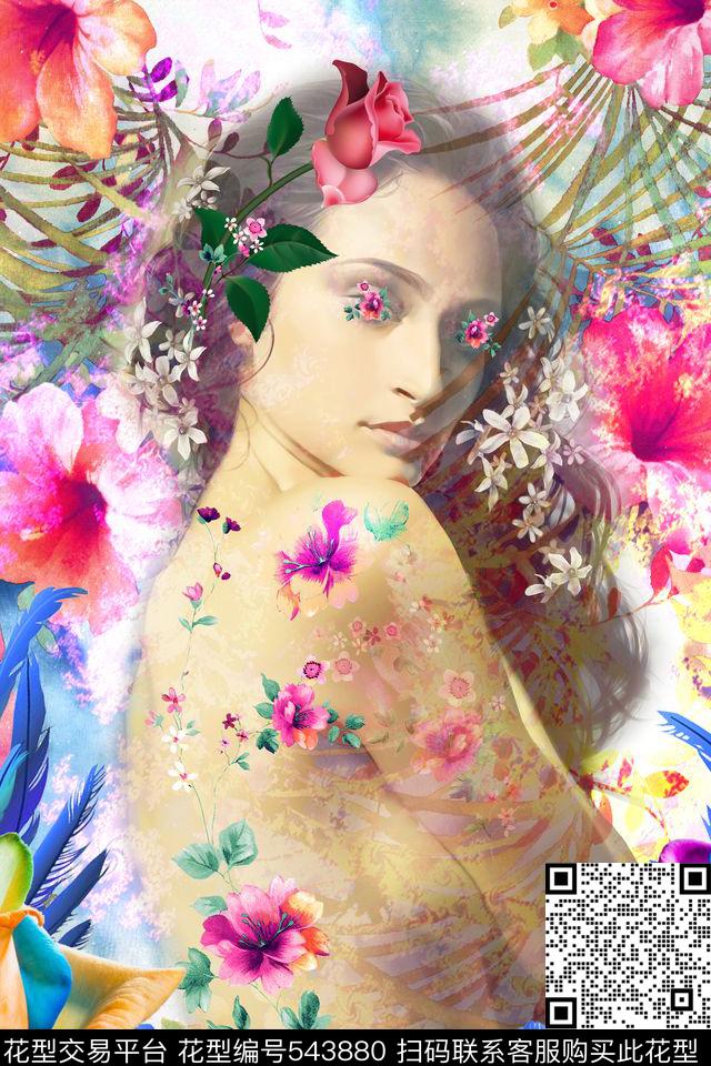 MAX-定位欧美民族风热带风情手绘美女油画玫瑰图数码印花华亿平台下载（图片编号: 543880） - 瓦栏（Walan）