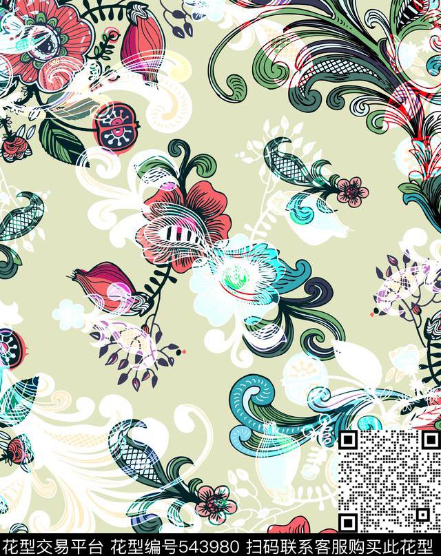 彩色花纹花卉花卉小清新传统印花华亿平台下载（图片编号: 543980） - 瓦栏（Walan）