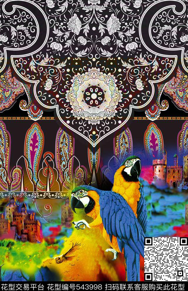 潮流时尚花纹鸟数码印花华亿平台下载（图片编号: 543998） - 瓦栏（Walan）