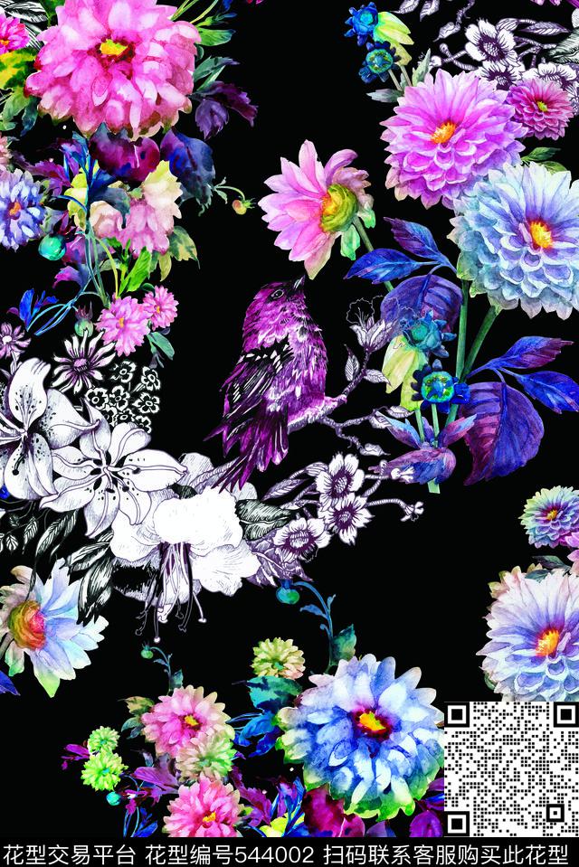 花卉鸟线条数码印花华亿平台下载（图片编号: 544002） - 瓦栏（Walan）