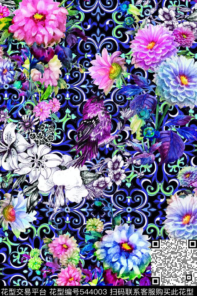 花卉鸟线条数码印花华亿平台下载（图片编号: 544003） - 瓦栏（Walan）