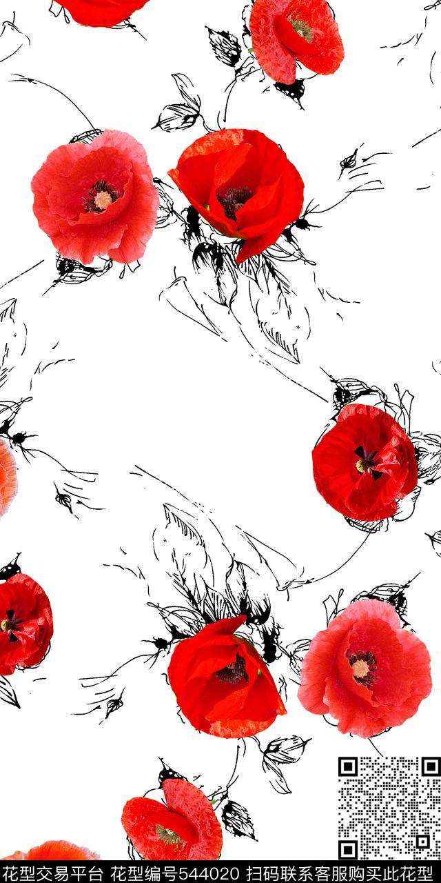 流行时尚手绘花径罂粟数码印花华亿平台下载（图片编号: 544020） - 瓦栏（Walan）