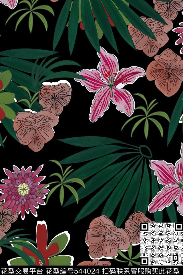 花卉植物纯色底数码印花华亿平台下载（图片编号: 544024） - 瓦栏（Walan）