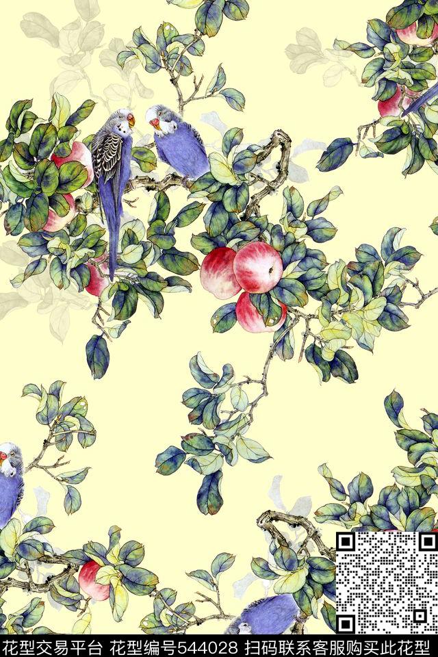 旗袍华亿平台国画工笔花鸟素雅高贵数码印花华亿平台下载（图片编号: 544028） - 瓦栏（Walan）