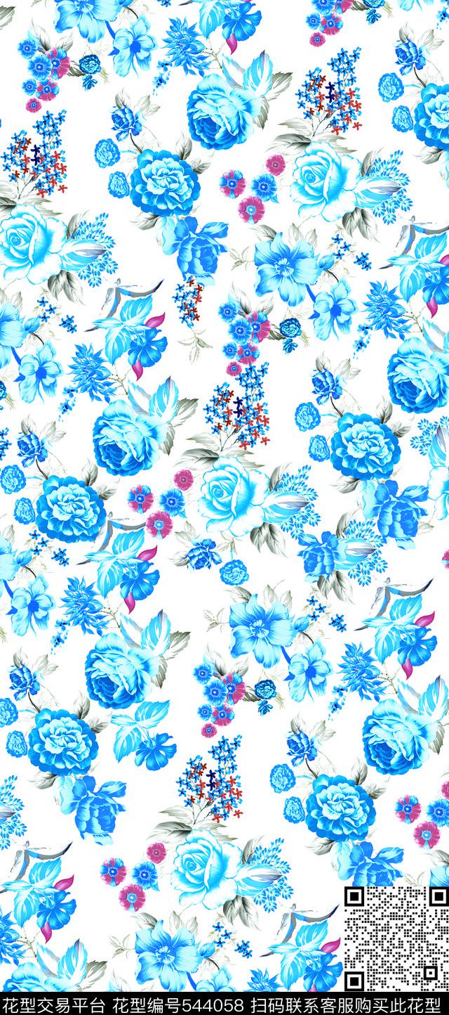 蓝色大花牡丹花欧式花数码印花华亿平台下载（图片编号: 544058） - 瓦栏（Walan）