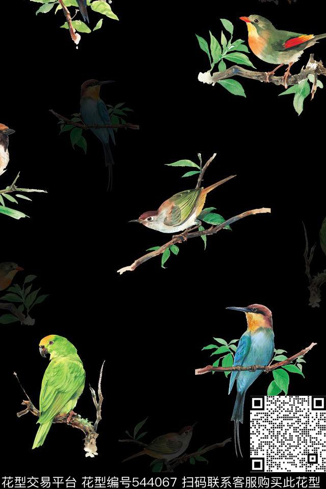 简约手绘小鸟数码印花华亿平台下载（图片编号: 544067） - 瓦栏（Walan）