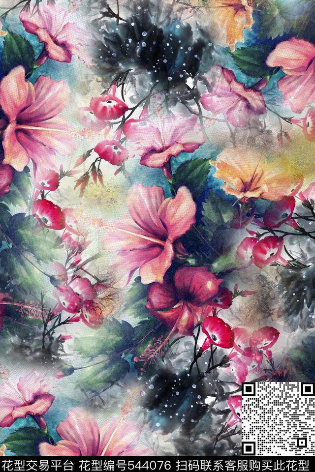 国画风格中国风花卉水墨连衣裙旗袍数码印花华亿平台下载（图片编号: 544076） - 瓦栏（Walan）