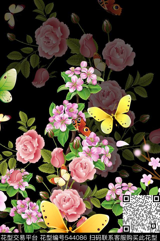 中国风定位亮彩蝴蝶梅花古典中国风流行时尚花卉数码印花华亿平台下载（图片编号: 544086） - 瓦栏（Walan）