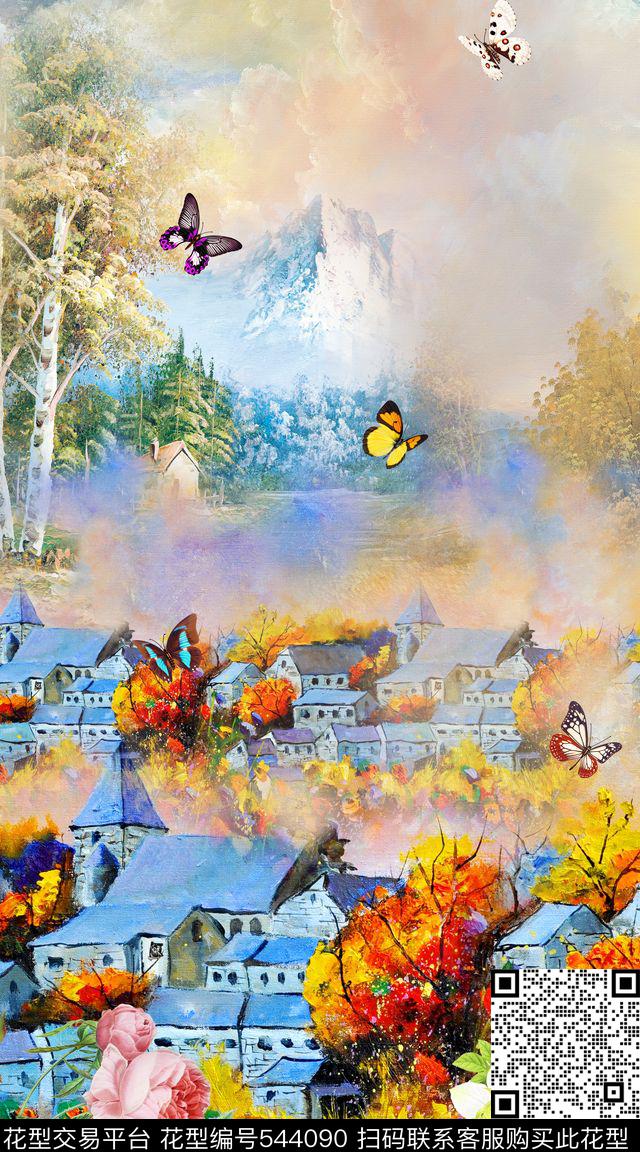 油画花卉房子数码印花华亿平台下载（图片编号: 544090） - 瓦栏（Walan）