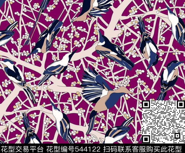 树枝小鸟动物原创动物传统印花华亿平台下载（图片编号: 544122） - 瓦栏（Walan）