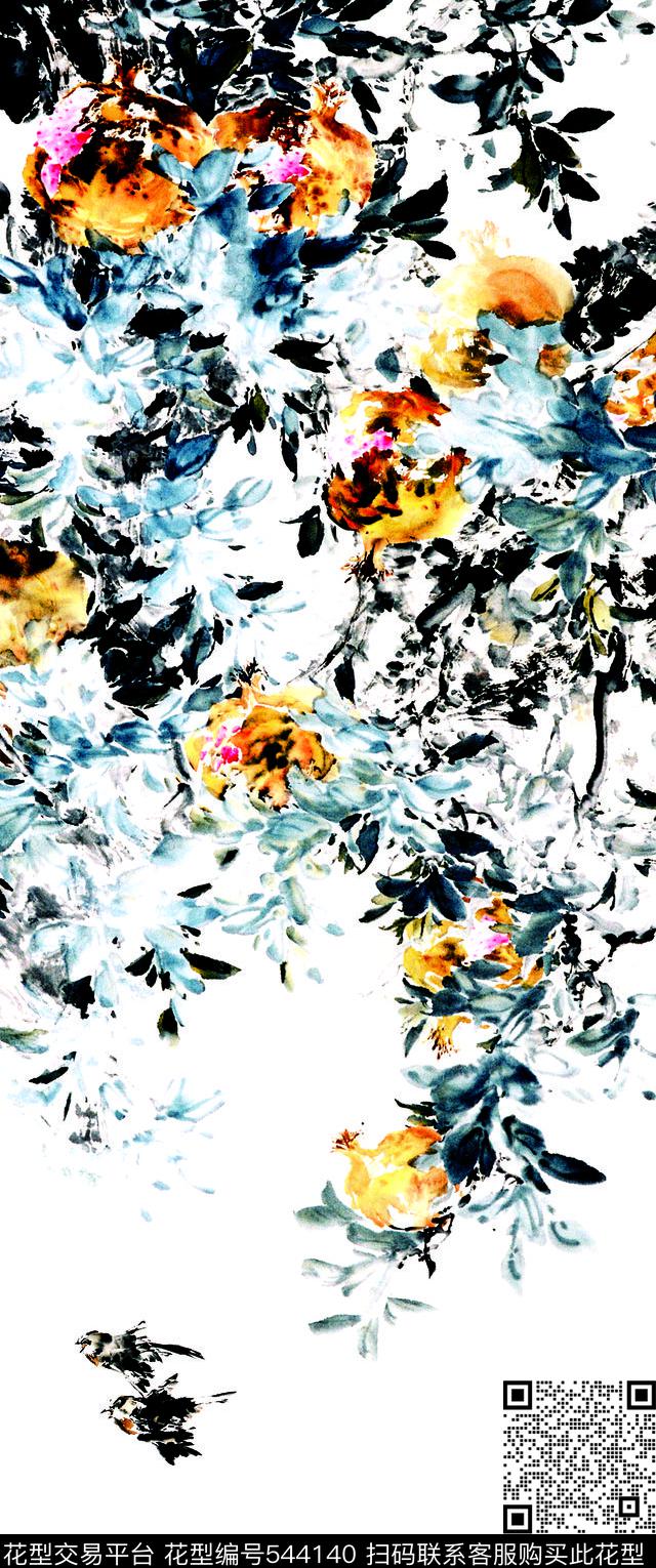 彩绘水彩花卉水墨数码印花华亿平台下载（图片编号: 544140） - 瓦栏（Walan）