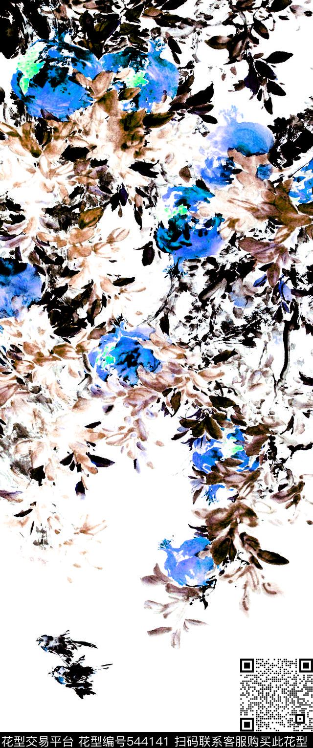 彩绘水彩花卉水墨数码印花华亿平台下载（图片编号: 544141） - 瓦栏（Walan）