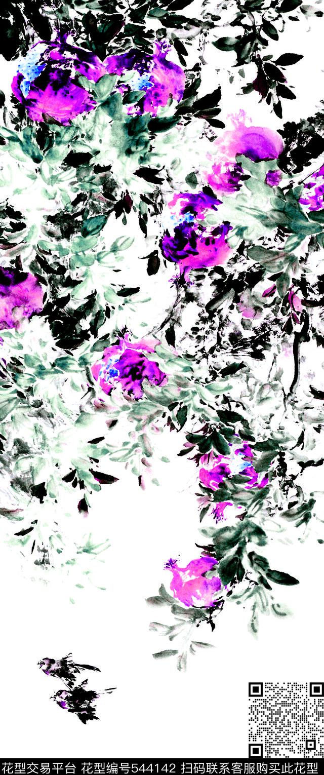 彩绘水彩花卉水墨数码印花华亿平台下载（图片编号: 544142） - 瓦栏（Walan）