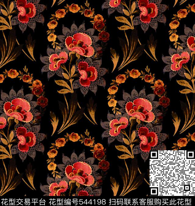 怀旧花卉花环复古花纹传统印花华亿平台下载（图片编号: 544198） - 瓦栏（Walan）
