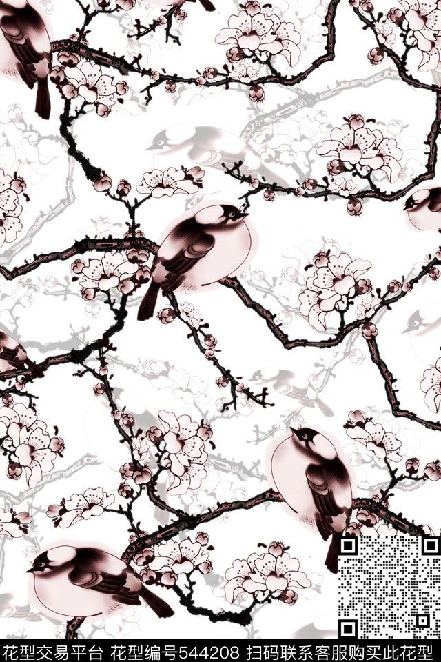 梅花喜鹊鸟数码印花华亿平台下载（图片编号: 544208） - 瓦栏（Walan）