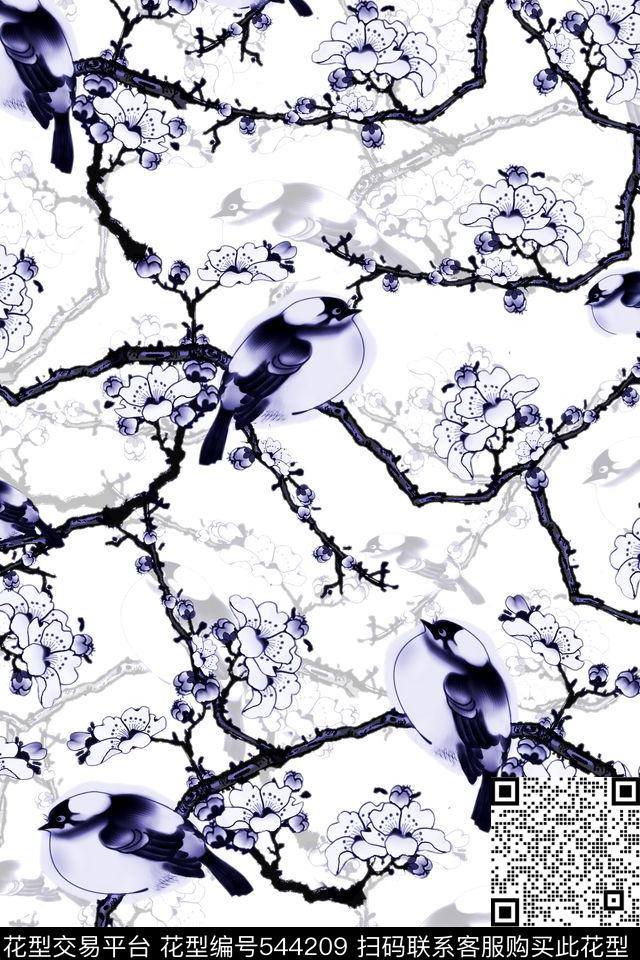 手绘时尚中国风水彩水墨花鸟梅花喜鹊鸟男装商务男装衬衫E【动物昆虫】数码印花华亿平台下载（图片编号: 544209） - 瓦栏（Walan）