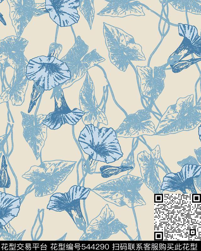 喇叭花叶子服装传统印花华亿平台下载（图片编号: 544290） - 瓦栏（Walan）