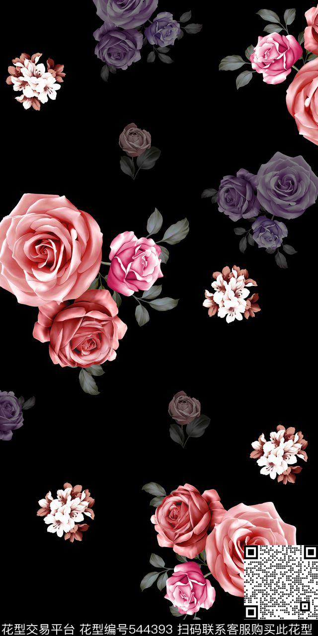 黑底玫瑰花卉数码印花华亿平台下载（图片编号: 544393） - 瓦栏（Walan）