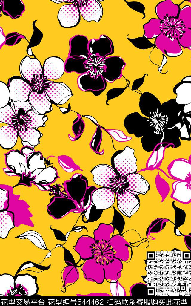 简约花卉0分色区风格化花卉传统印花华亿平台下载（图片编号: 544462） - 瓦栏（Walan）