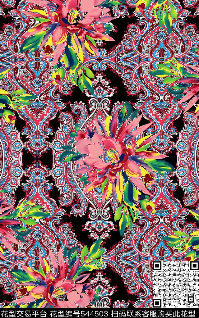 腰果花手绘花卉对称花卉传统印花华亿平台下载（图片编号: 544503） - 瓦栏（Walan）