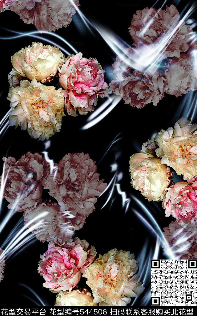 植物花卉黑底花卉组合数码印花华亿平台下载（图片编号: 544506） - 瓦栏（Walan）