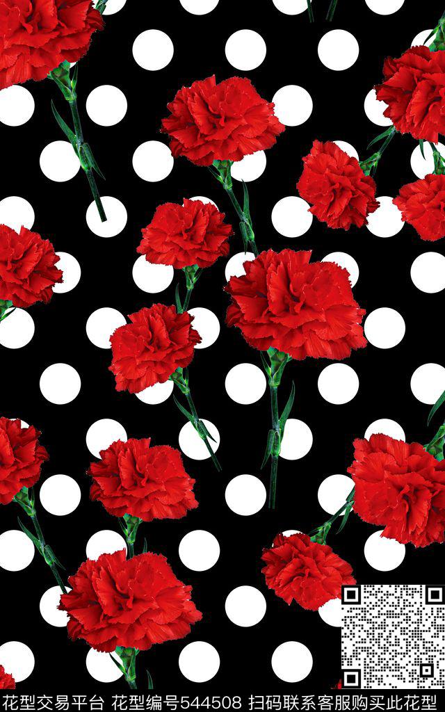 简约花卉波点康乃馨花卉服装花卉数码印花华亿平台下载（图片编号: 544508） - 瓦栏（Walan）