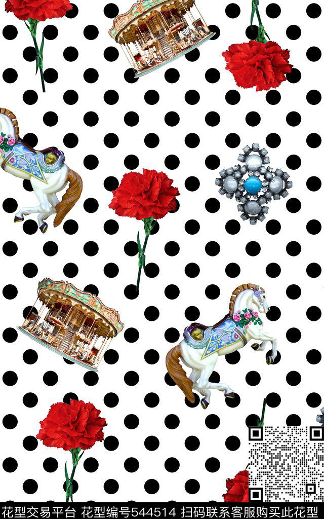 简约花卉波点康乃馨花珠宝旋转木马花卉服装花卉数码印花华亿平台下载（图片编号: 544514） - 瓦栏（Walan）
