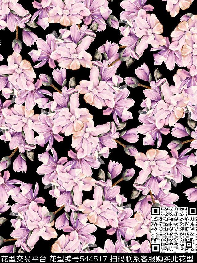 手绘桃花女装数码印花华亿平台下载（图片编号: 544517） - 瓦栏（Walan）