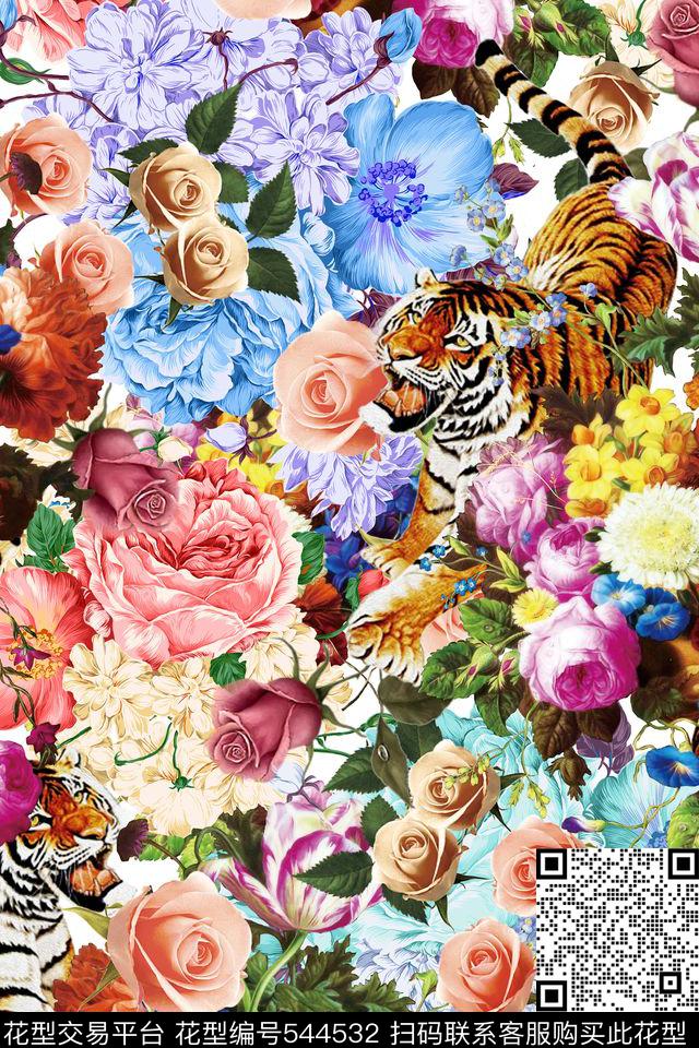 欧式宫廷风玫瑰花油画老虎复古油画花卉大牌女装女士礼服数码印花华亿平台下载（图片编号: 544532） - 瓦栏（Walan）