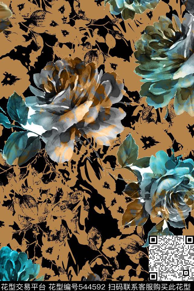 中国风手绘花朵大气时尚数码印花华亿平台下载（图片编号: 544592） - 瓦栏（Walan）