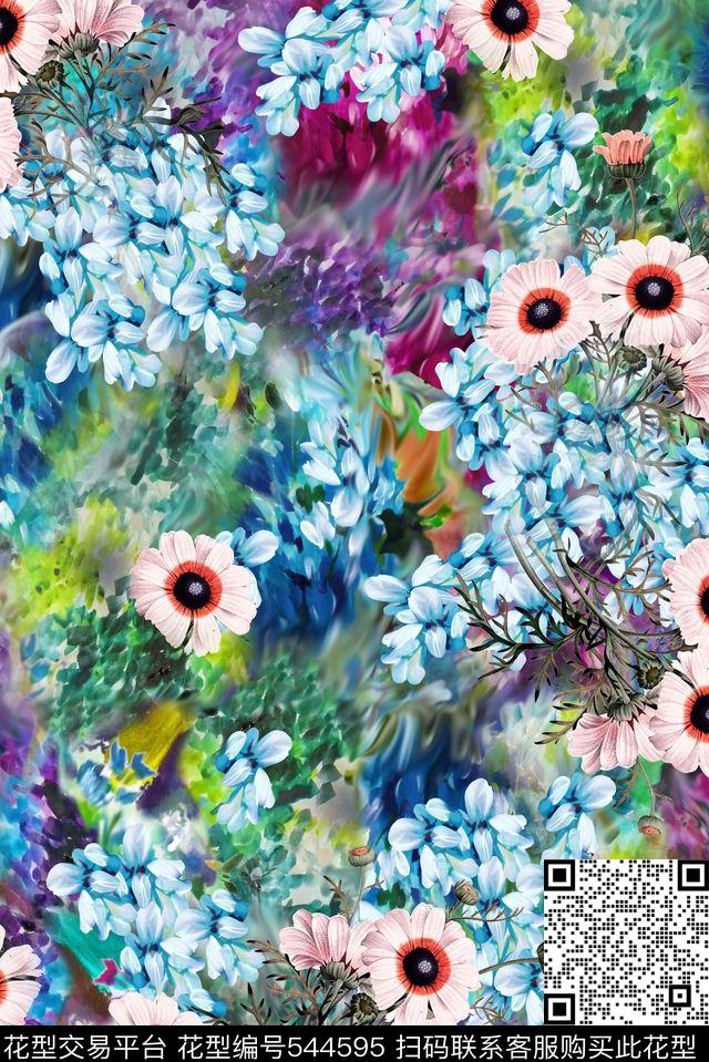 手绘大气抽象花卉数码印花华亿平台下载（图片编号: 544595） - 瓦栏（Walan）