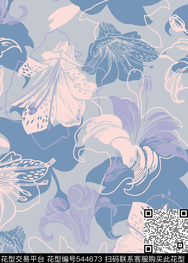 百合线条服装传统印花华亿平台下载（图片编号: 544673） - 瓦栏（Walan）