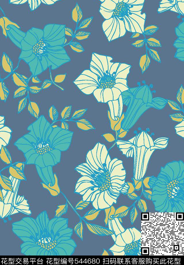 喇叭花叶子服装传统印花华亿平台下载（图片编号: 544680） - 瓦栏（Walan）