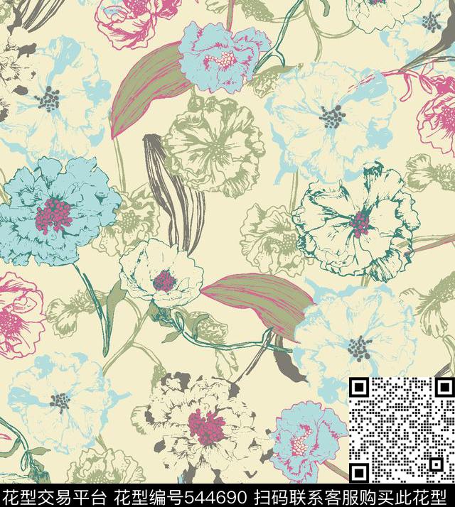 花卉叶子服装传统印花华亿平台下载（图片编号: 544690） - 瓦栏（Walan）