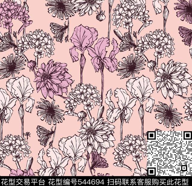 花卉叶子服装传统印花华亿平台下载（图片编号: 544694） - 瓦栏（Walan）