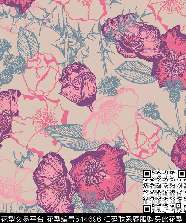 花卉叶子服装传统印花华亿平台下载（图片编号: 544696） - 瓦栏（Walan）