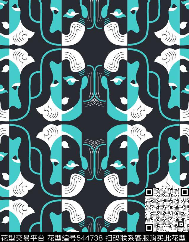 抽象简笔画美女头像传统印花华亿平台下载（图片编号: 544738） - 瓦栏（Walan）