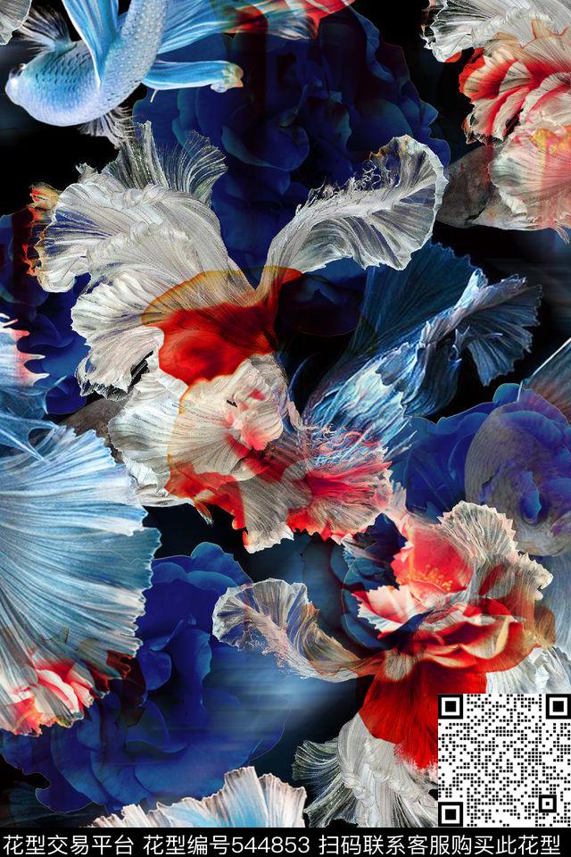 抽象写意抽象金鱼花卉写意风休闲外套面料数码印花华亿平台下载（图片编号: 544853） - 瓦栏（Walan）
