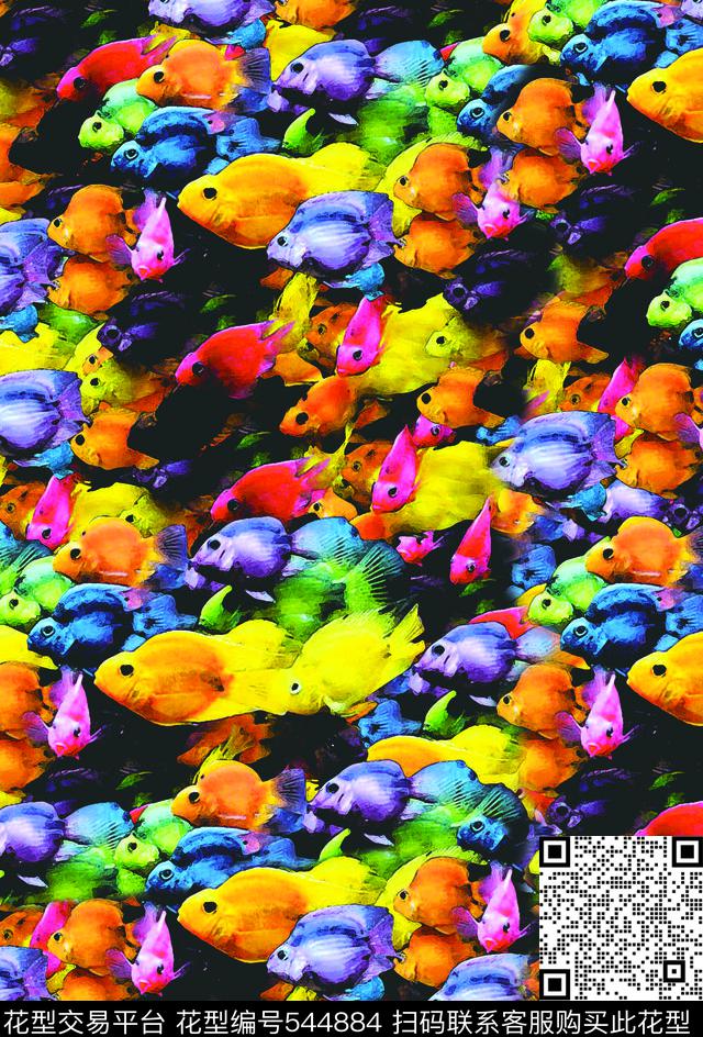 手绘彩鱼动物花纹数码印花华亿平台下载（图片编号: 544884） - 瓦栏（Walan）