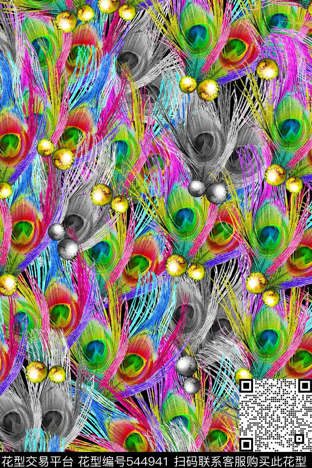 潮流时尚大牌手绘羽毛素雅羽毛数码印花华亿平台下载（图片编号: 544941） - 瓦栏（Walan）