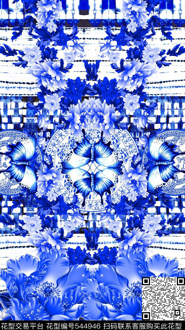 时尚潮流中国风青花瓷花纹数码印花华亿平台下载（图片编号: 544946） - 瓦栏（Walan）