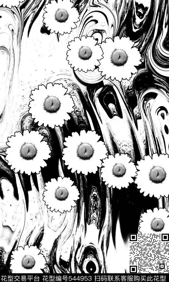 写实与抽象波纹花卉传统印花华亿平台下载（图片编号: 544953） - 瓦栏（Walan）