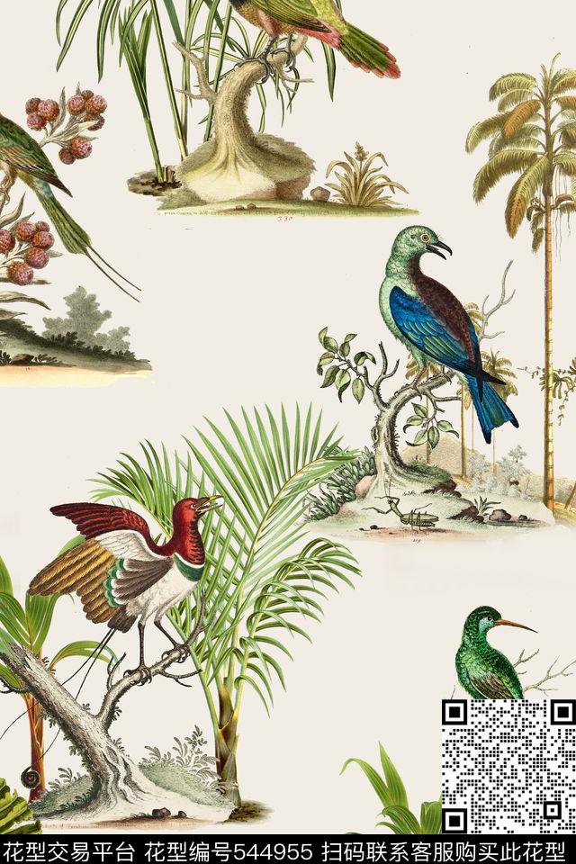 时尚小鸟棕榈树数码印花华亿平台下载（图片编号: 544955） - 瓦栏（Walan）