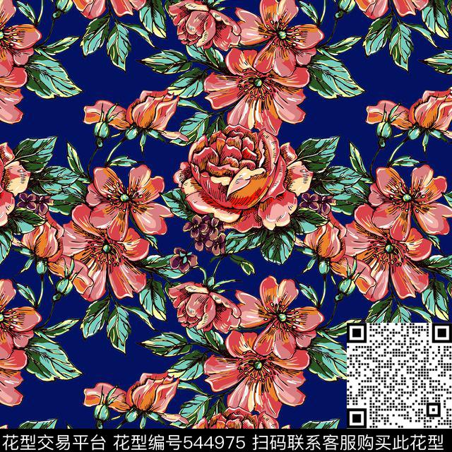 浪漫花卉花卉组合大花朵传统印花华亿平台下载（图片编号: 544975） - 瓦栏（Walan）