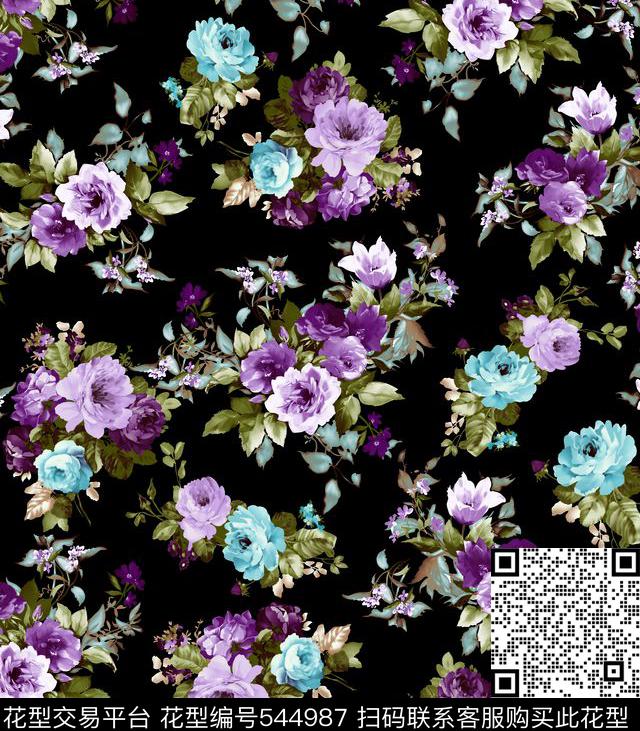 黑底花朵树枝数码花数码印花华亿平台下载（图片编号: 544987） - 瓦栏（Walan）