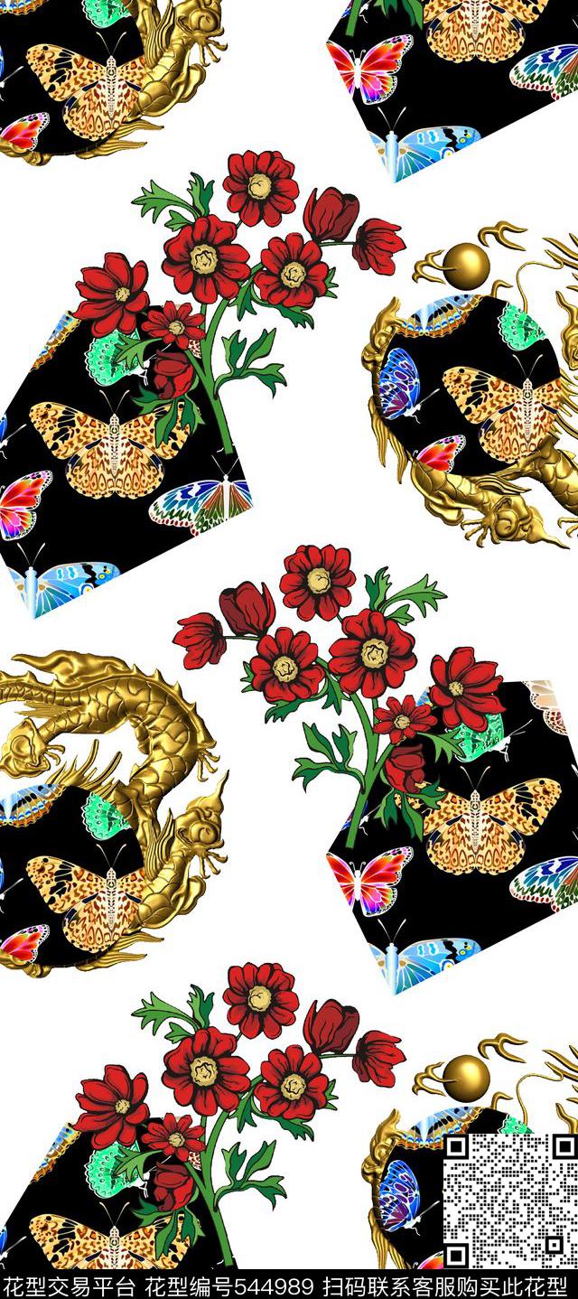时尚潮流中国风花卉蝴蝶数码印花华亿平台下载（图片编号: 544989） - 瓦栏（Walan）
