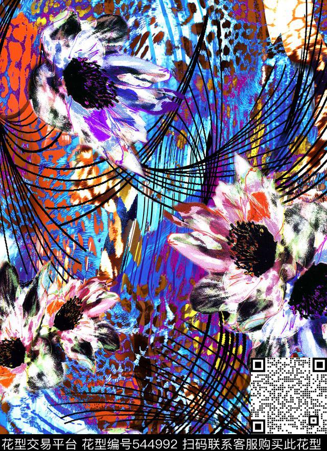 数码花花卉豹纹数码印花华亿平台下载（图片编号: 544992） - 瓦栏（Walan）