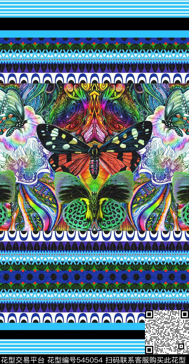 欧洲风蝴蝶横条纹数码印花华亿平台下载（图片编号: 545054） - 瓦栏（Walan）